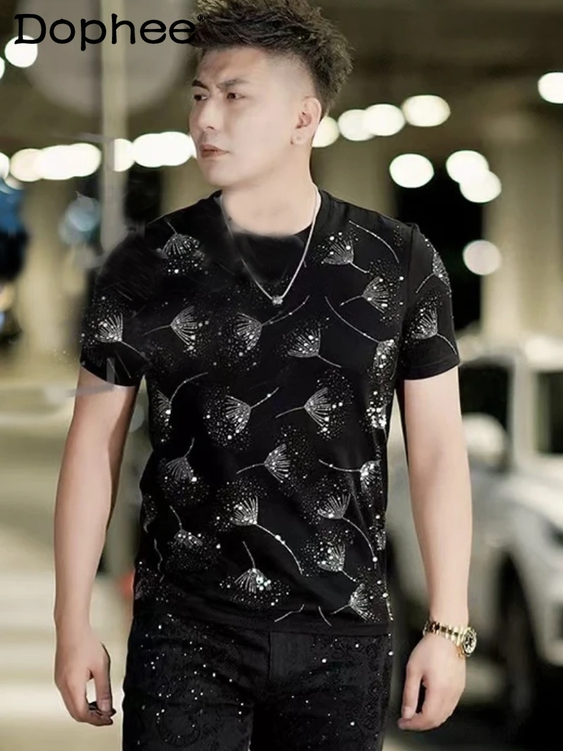

Fashion Trend Men's 2025 Summer New Round Neck Short Sleeve Heavy Rhinestone Handsome Youth Casual T-Shirt