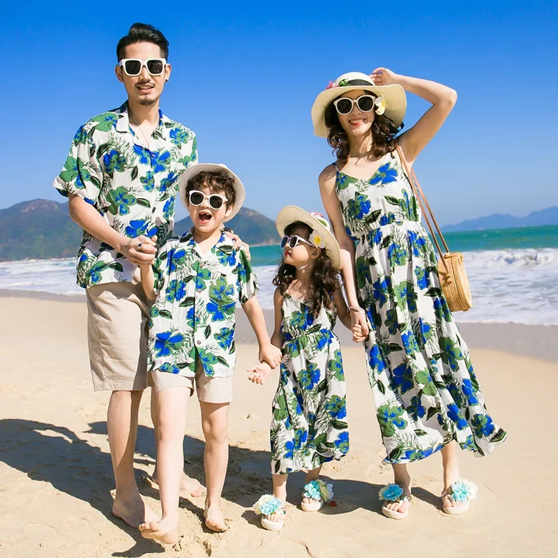 Family Matching 4 Pack Outfits Sundress for Mother Daughter Printed Shirt Shorts Set for Father Son Beach Holiday Coordinates