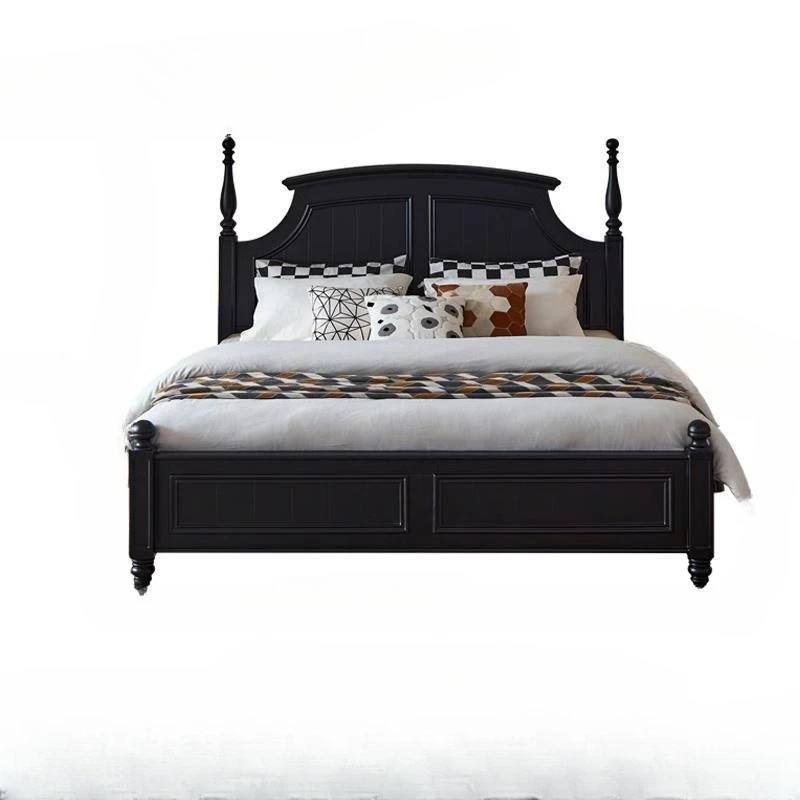 

American Solid Wood Bed Black French Vintage Rustic Simple Master Bedroom Furniture Double Bed