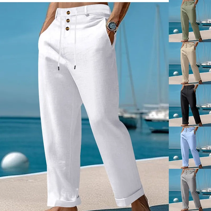 

Light Beige Straight Leg Pants High Waist Button Front Trousers Lightweight Relaxed Fit Casual Pants Cuffed Hem Grey Linen Pants