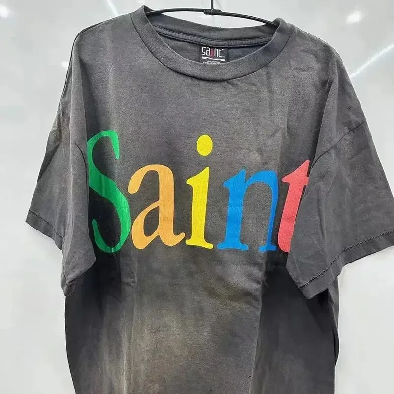 

Весна-лето 2024, новейшие классические универсальные футболки SAINT из 100% хлопка с короткими рукавами и буквенным принтом, мужские и женские футболки