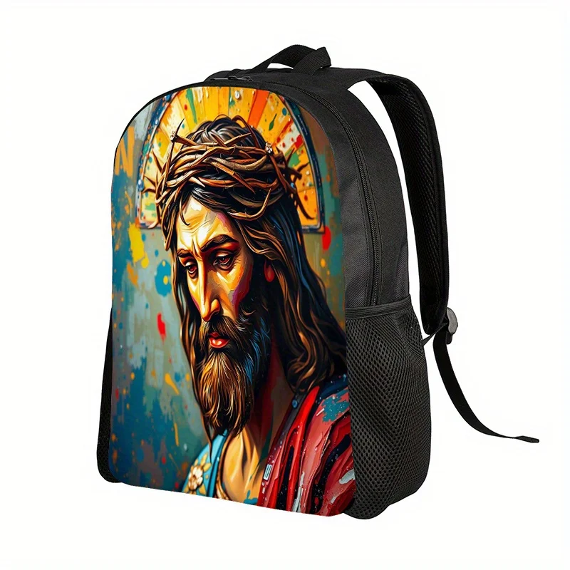 1pc Large Jesus Christ Backpack Religious Icon Print School Bag for Men Women Casual Church Use Durable Fabric, 2D Flat