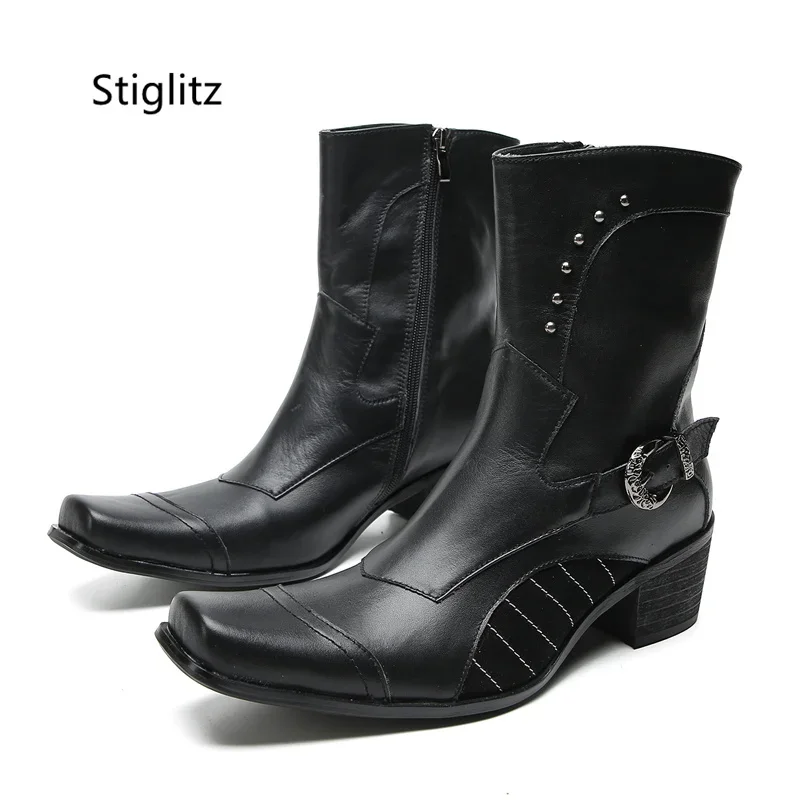 Rivet Metal Buckle Genuine Leather Ankle Boots for Men Black Retro High Heels Western Boots Work Safety Shoes Man Chelsea Boot