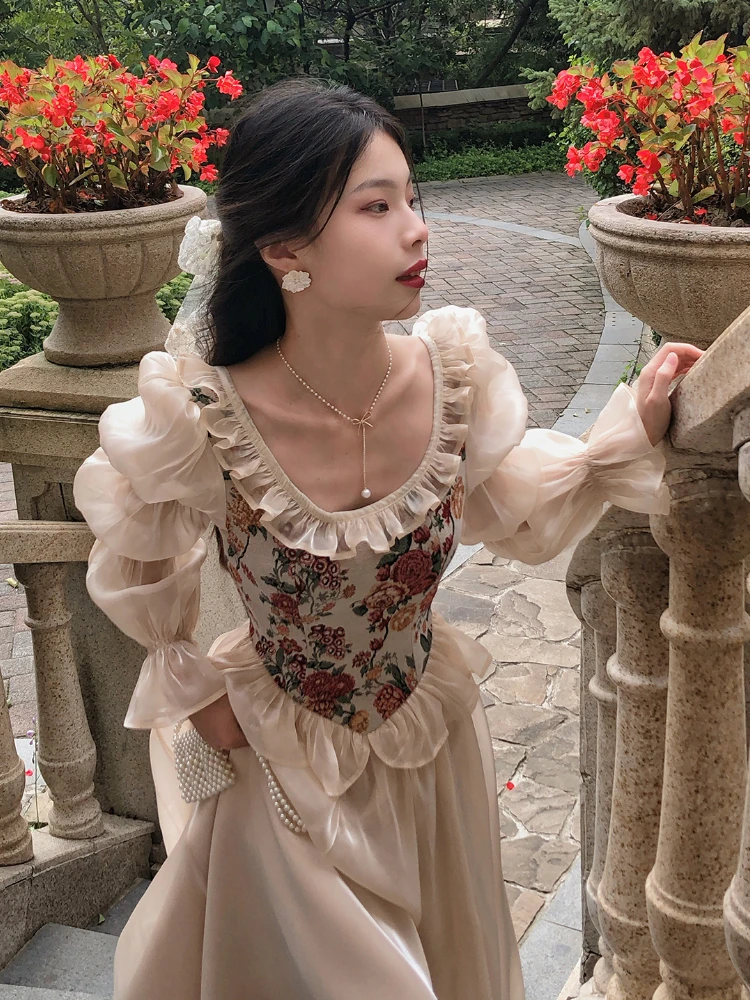 French Vintage Print Floral Dress Women O-neck Elegant Evening Party Midi Dress Female Puff Sleeve Korea Fairy Dress Summer 2023