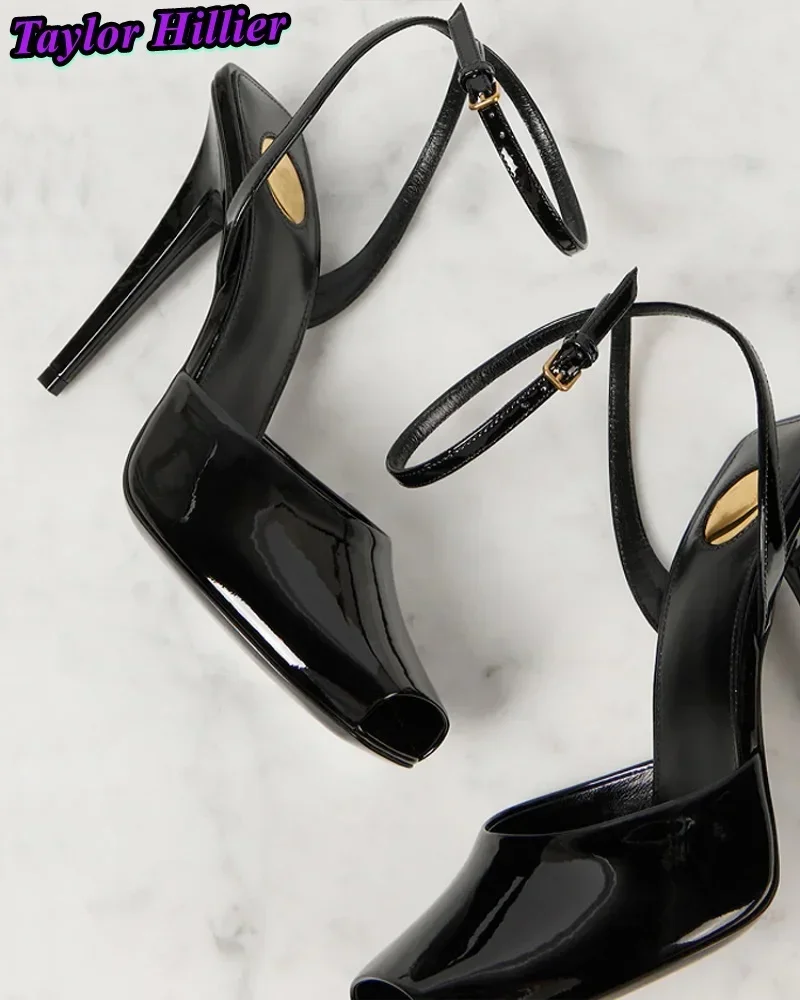 Сексуальные туфли-лодочки для женщин, сандалии на высоком каблуке с квадратным носком и пряжкой на щиколотке, винтажные красные туфли из лакированной кожи, платье, новое поступление