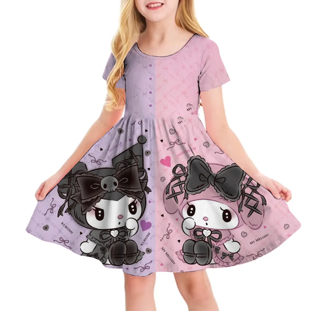 

Kuromi New Summer Girls Dress Fashion Cartoon Cute Cinnamoroll &Hello Kitty 3D Printing Dress Kid Short Sleeve Princess Clothing