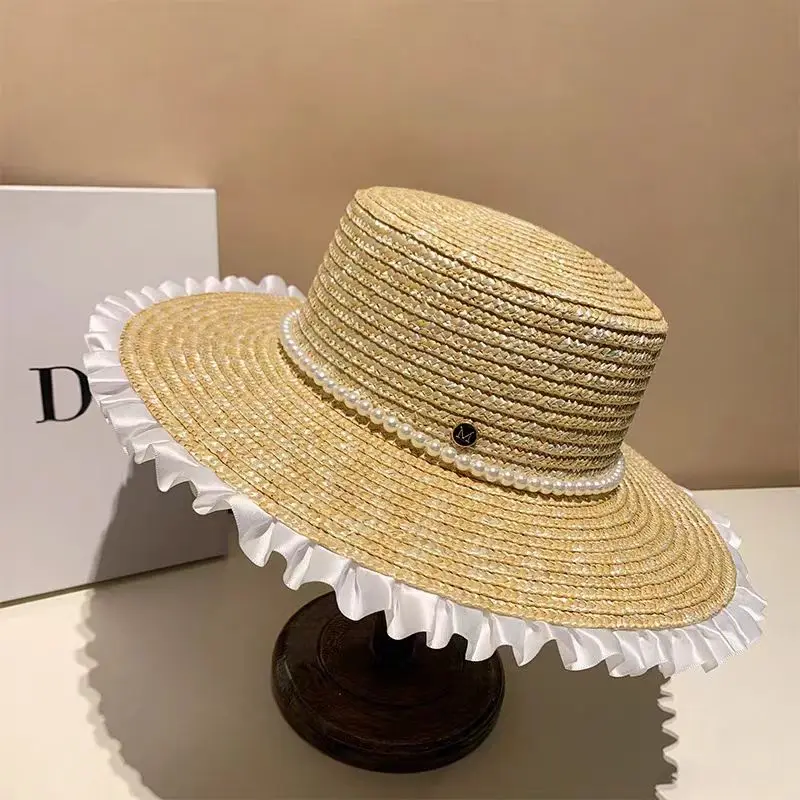 

Summer straw hat flat top French elegant straw women's vacation sun hat summer hat gorras para mujer 햇빛가리개모자