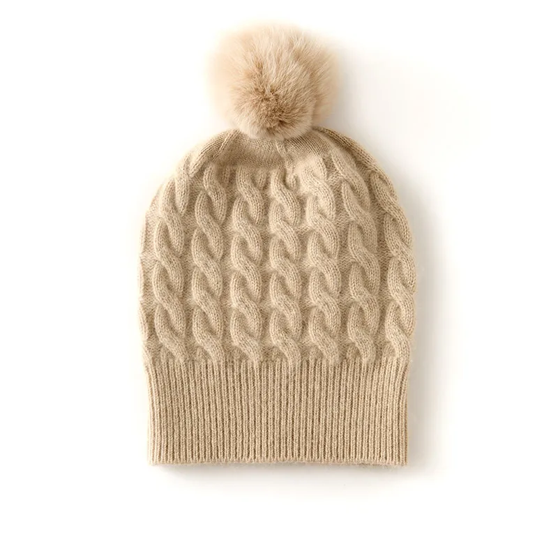 

DjzDsm2025 Nen Women's Winter Knitted Hat Soft Warm Solid Color Cashmere Beanie with Real Fur Pom Female Bonnet Cap