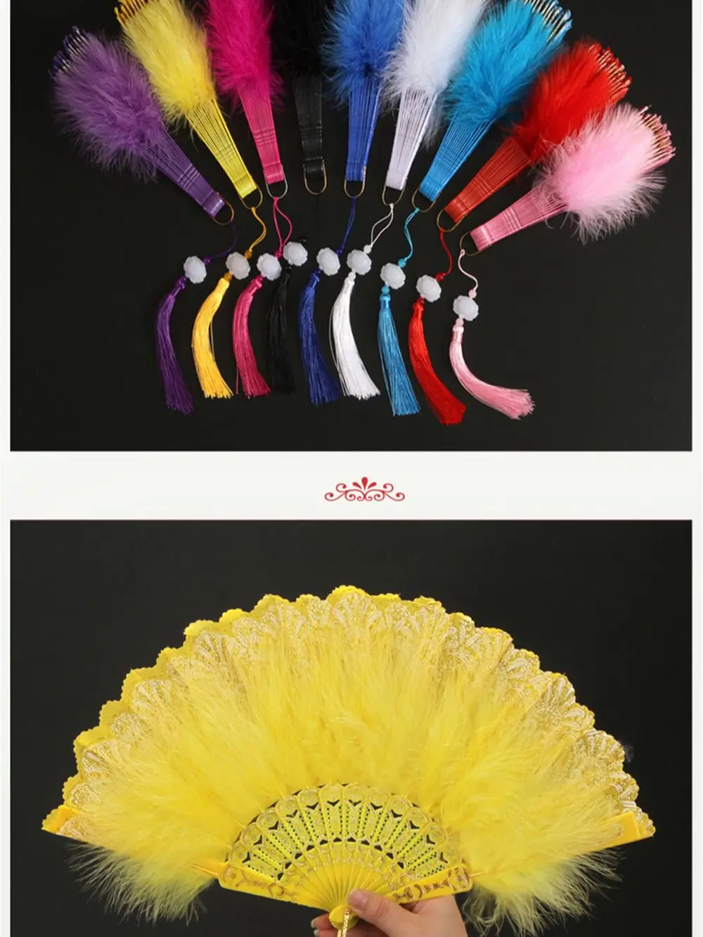 Éventail de plumes de velours chinois, accessoire de performance de danse, plumes de gérpâte, ornements de collocation Cheongsam, pliable à la main, 10 documents