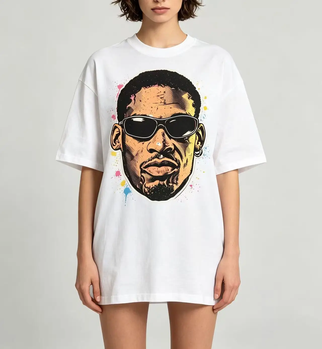 Unisex Vintage Hip Hop Man Portrait With Sunglasses Splash Paint T‑Shirt for Men Women Urban Street Culture Print Tee Casual Cotton Oversized Short Sleeve Tops