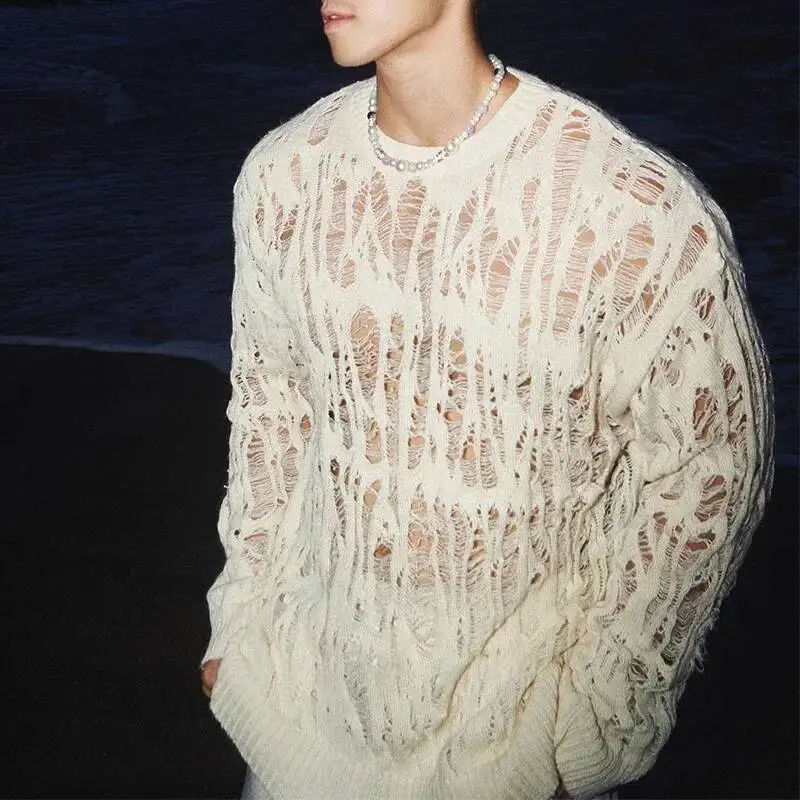 

Vintage Ripped Hollow Out Mesh Knit Tops Men 2025 Spring Streetwear Fashion Crew Neck Long Sleeve Knitted T Shirt Mens Clothing