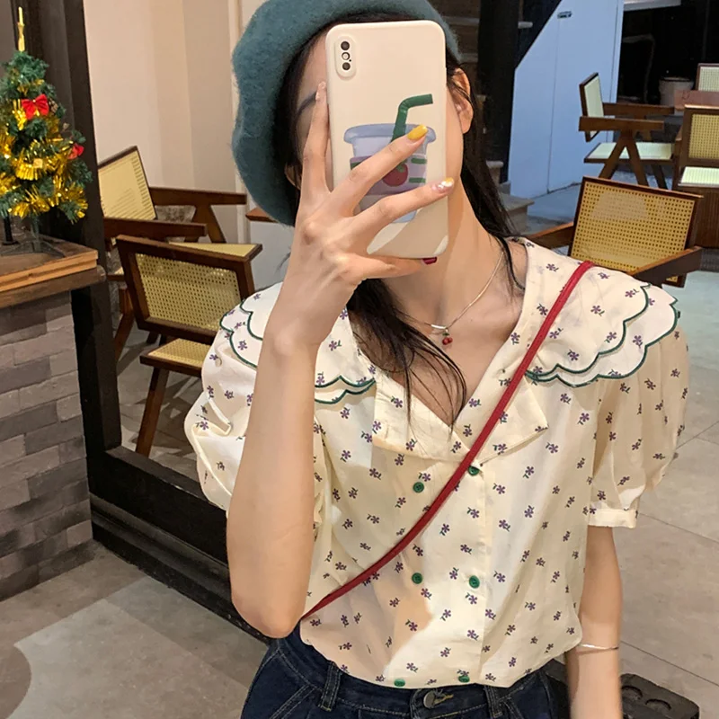 French Sweet Floral Short Sleeved Shirt Summer New Style Casual Fashionable Loose and Slimming Doll Neck Bubble Sleeve Lady Top