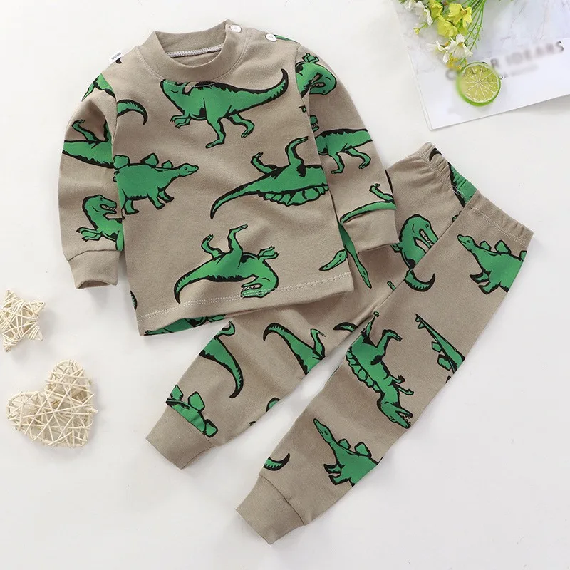 2Pcs Autumn Children Sleepwear Suits Boys Long Sleeve Cartoon Dinosaur Print T-shirt Tops+Pants Toddler Kids Clothes Pajamas Set