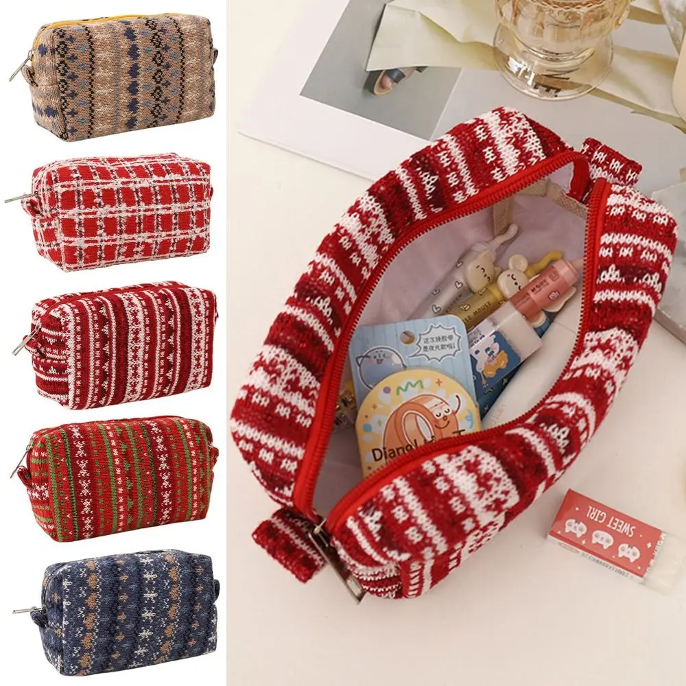 School Supplies Simple Cartoon Woolen Storage Bag Christmas Red Makeup Bag New Year Pencil Bag Large Capacity