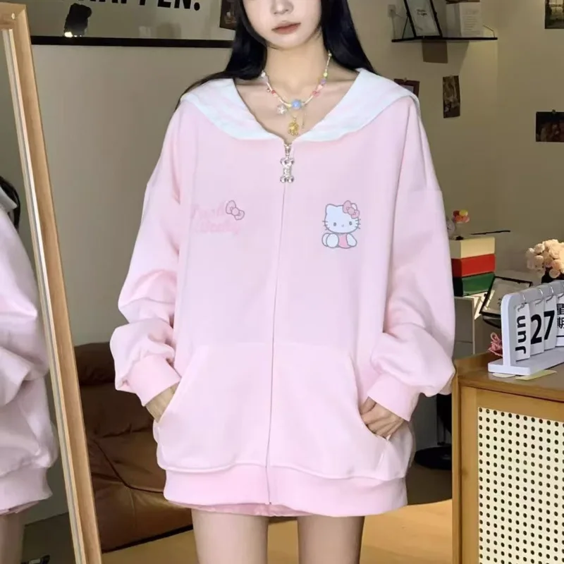 Hello Kitty New Cute Cartoon Printed Hoodie Women\'s Autumn Winter Lazy Style Loose Zipper Coat Korean Version Sweet Girl Hoodie