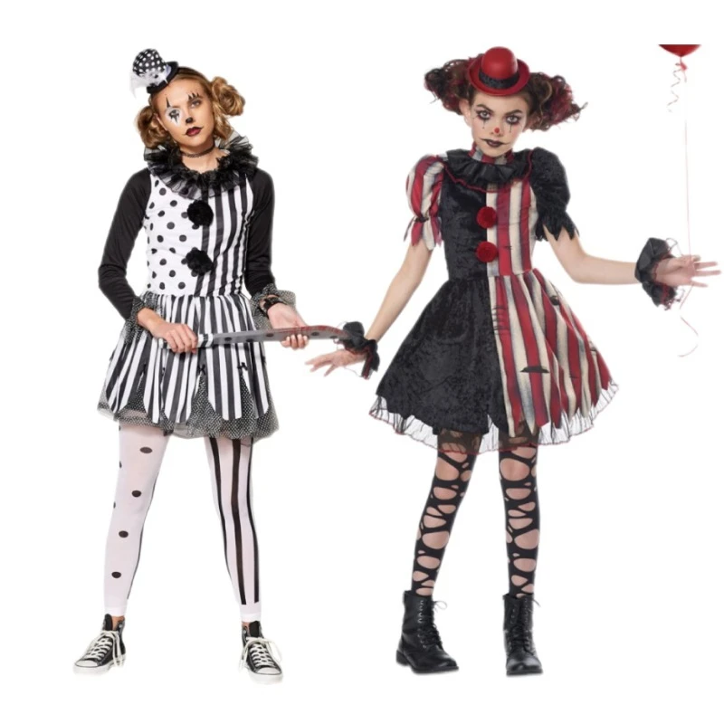Conjunto de disfraz de payaso aterrador de Halloween para niña, vestido a rayas de lunares, mallas, traje para fiesta, mascarada, celebración, ropa de Cosplay
