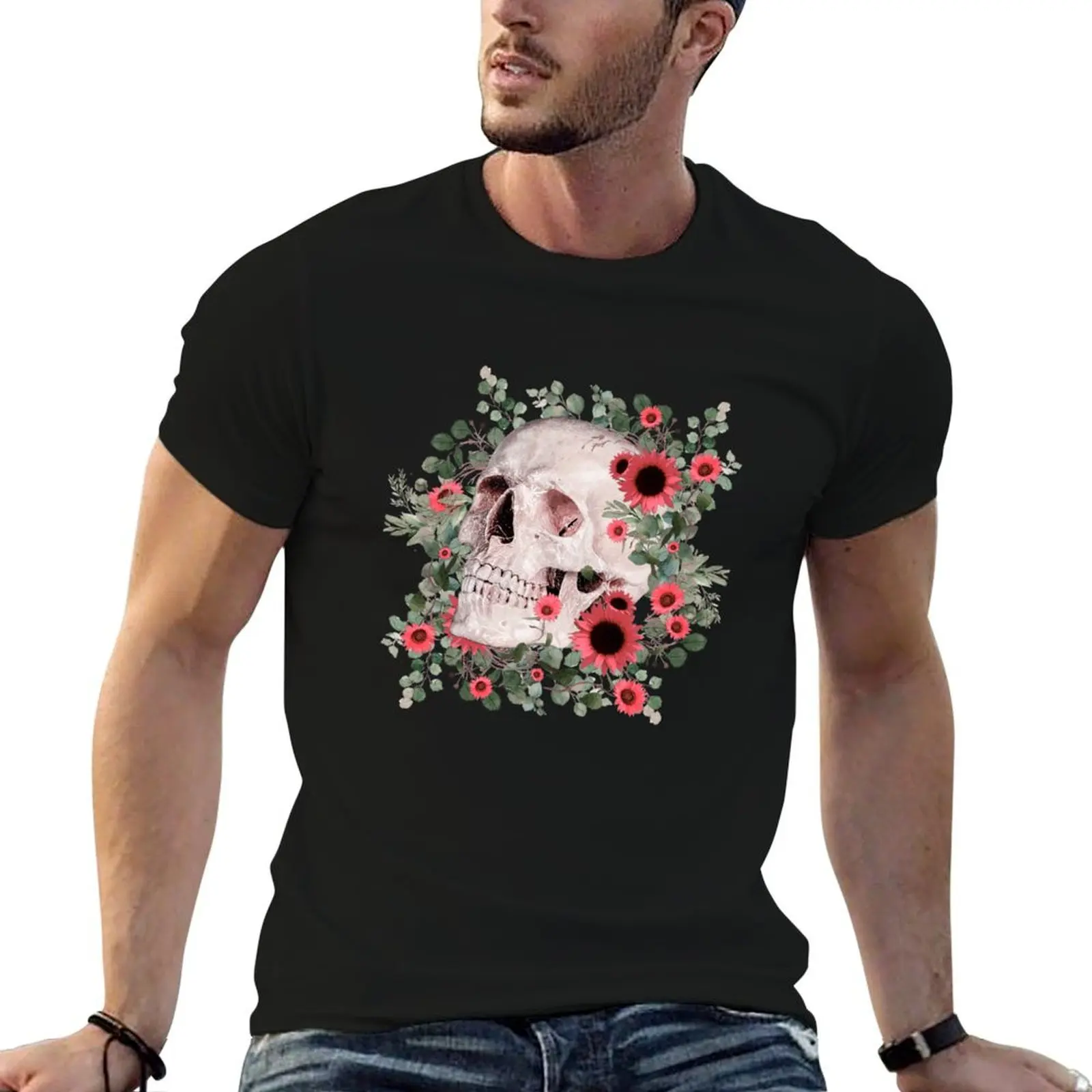 Floral Skull, human anatomy and pink daisy, watercolor spring, cool, anatomy art T-Shirt