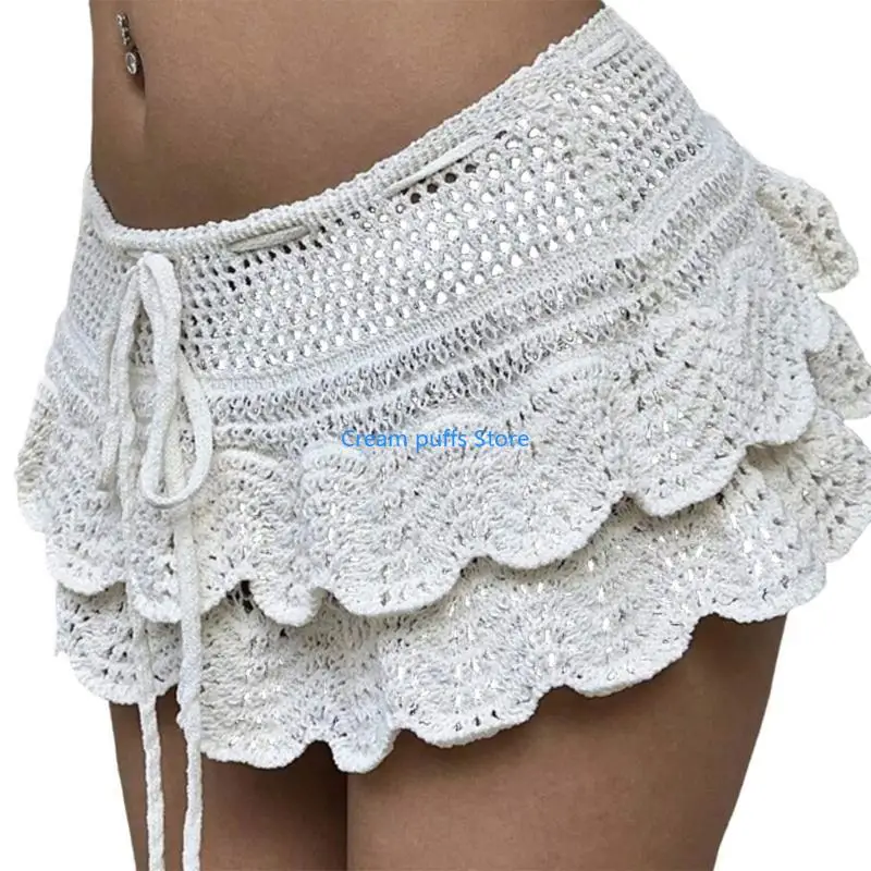 50LE Womens Drawstring Low Waist Crochet Tiered Ruffle Beach Mini Skirt Hollow Out Knit A-Line Swimsuit Cover Up Short Skirt