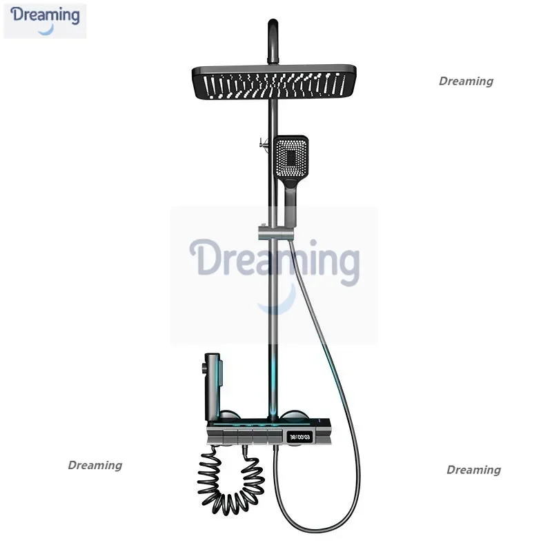 

Full copper shower shower set household thermostatic gun gray piano keys ambient light bathroom shower rain pressurized spray