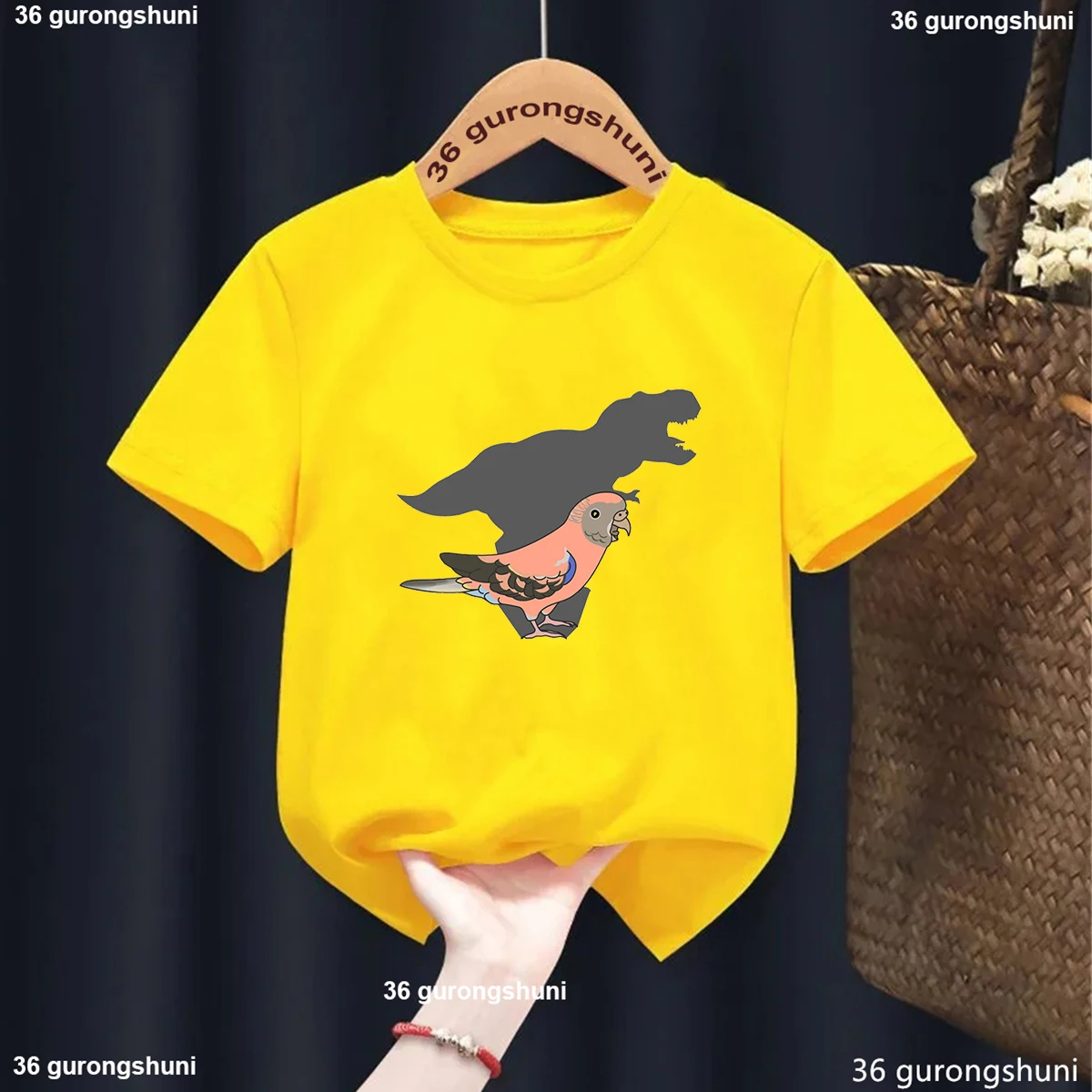 Newly Style Parrot Change T-rex Dinosaur Shadow Print Boys Girls T-Shirt Fashion Harajuku Kawaii Shirt Summer Short Sleeved Tops