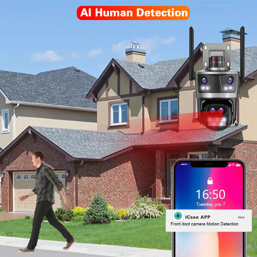 16MP 8K WiFi IP Camera Outdoor Four Lens Four Screen Security Camera Auto Tracking 8X Zoom CCTV  ICsee Surveillance