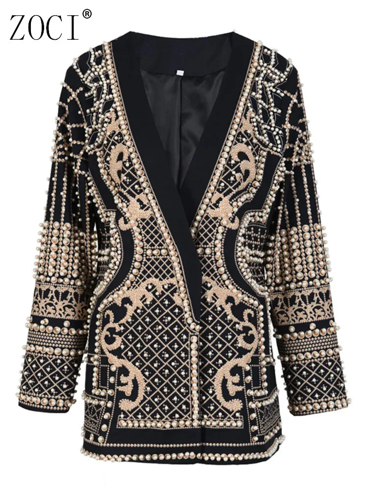 ZOCI Fashion Women Blazer V-neck Embroidered Flares Patchwork Printing Long Sleeve Slim Suit Coat Spring 2025 New Tide FC1268