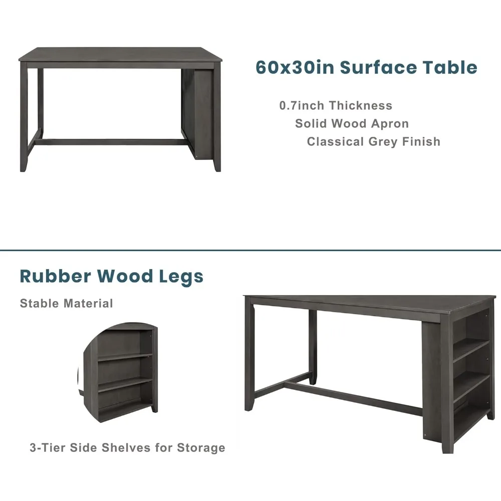 طقم طاولة بار خشبية بارتفاع 5 قطع باللون الرمادي الريفي مع رف من 3 طبقات و4 كراسي