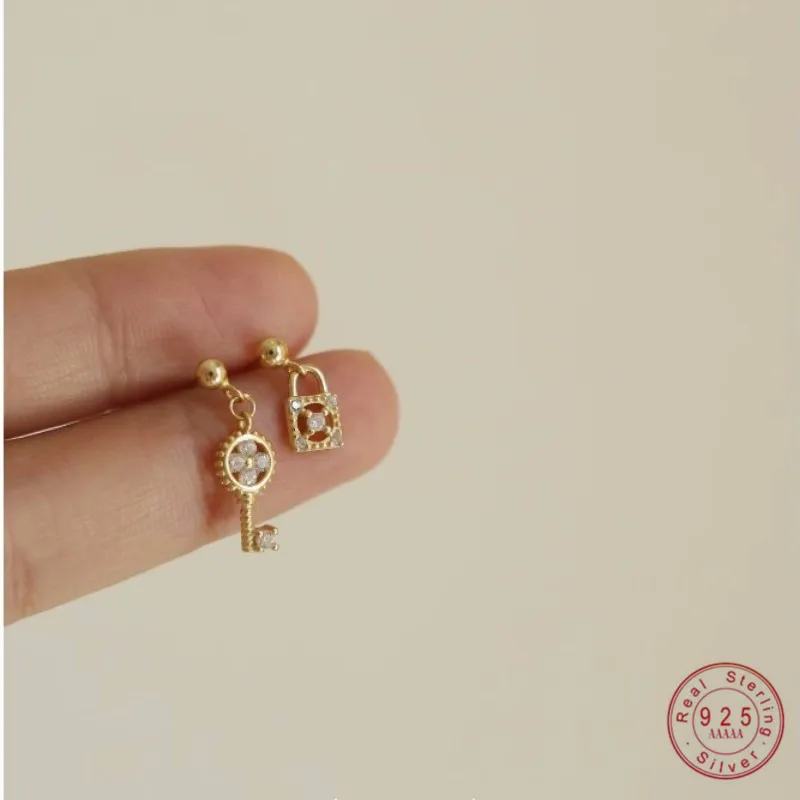 925 Sterling Silver Plated 14K Gold Inlay Zircon Lock key Asymmetrical Earrings for Women Exquisite Jewelry