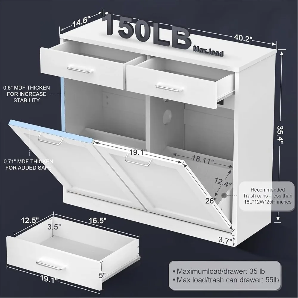 Tilt Out Trash Can Cabinet with Drawer, Premium Negative Ion-Deodorizing Function, Hidden Garbage Can Cabinet