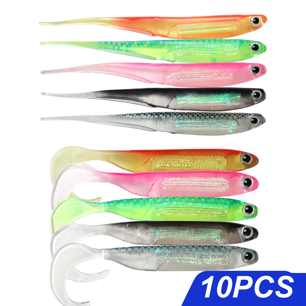 10 Peças/Lote Isca Artificial Macia 3D Realista em Formato de Peixe com Cauda em T, Isca Nadadora de 65-92mm em Tamanhos Variados, Isca de Corpo Oco para Robalo, Lúcio e Walleye
