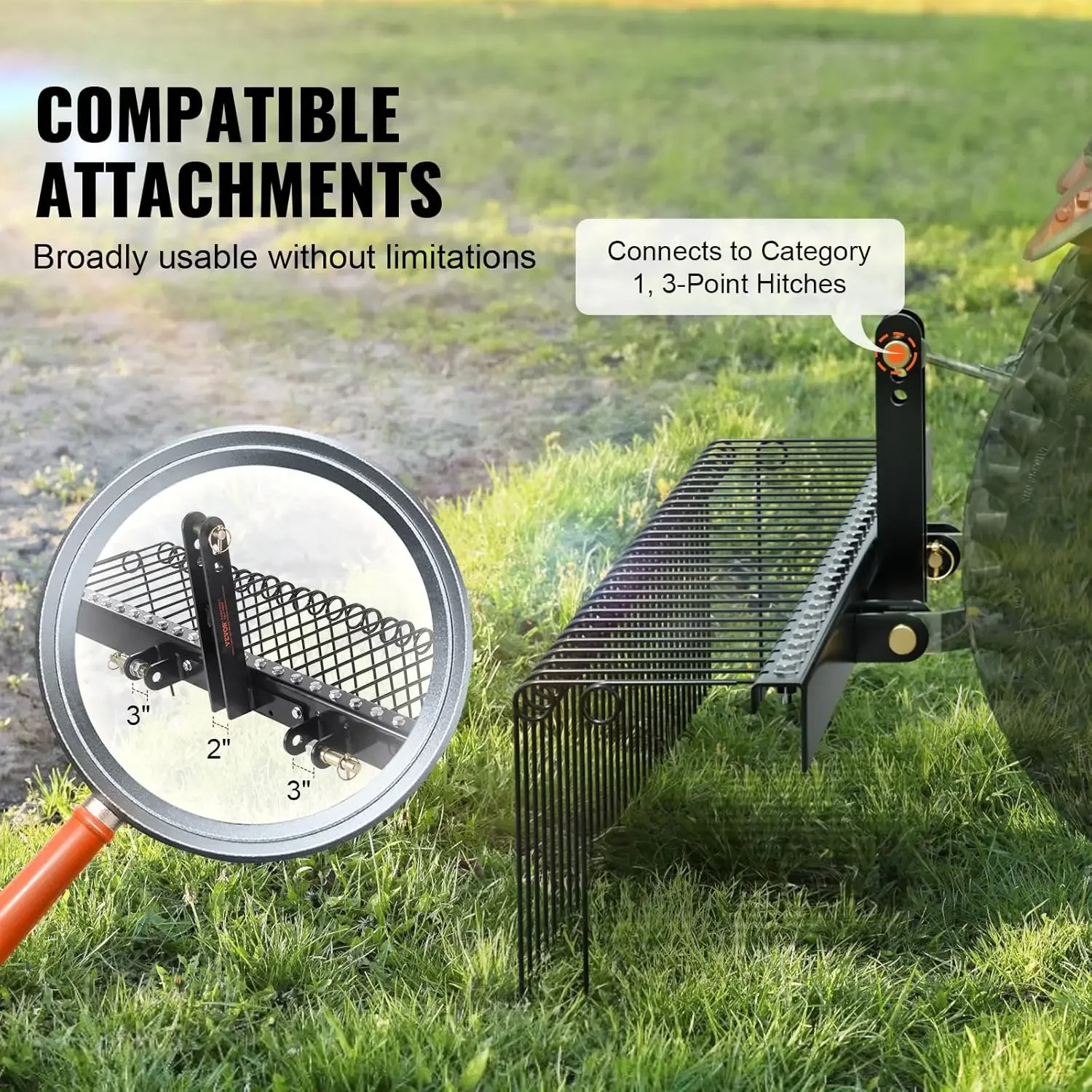 Tow Behind Landscape Rake, 72" Tow Dethatcher with 32 Steel Tines, Lawn Dethatcher Rake Attaches to Category 1