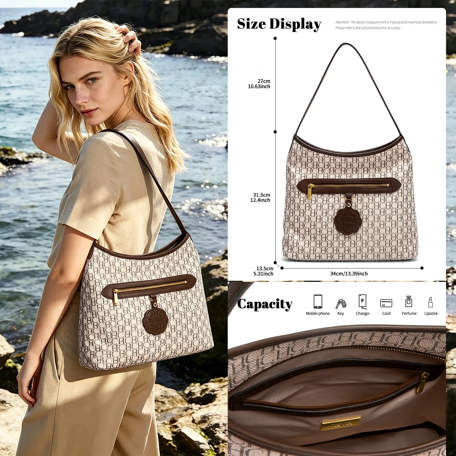 CHCH Women's Fabric Tote Bag, Beige 14L Large Capacity Single Shoulder Handbag, Casual Daily Shopping Work Shoulder Purse