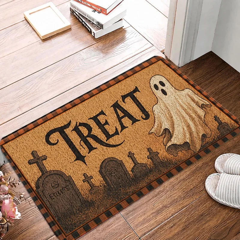 Halloween Ghost Tombstone Doormat, Treat Word Print Entry Mat, Spooky Front Porch Decor