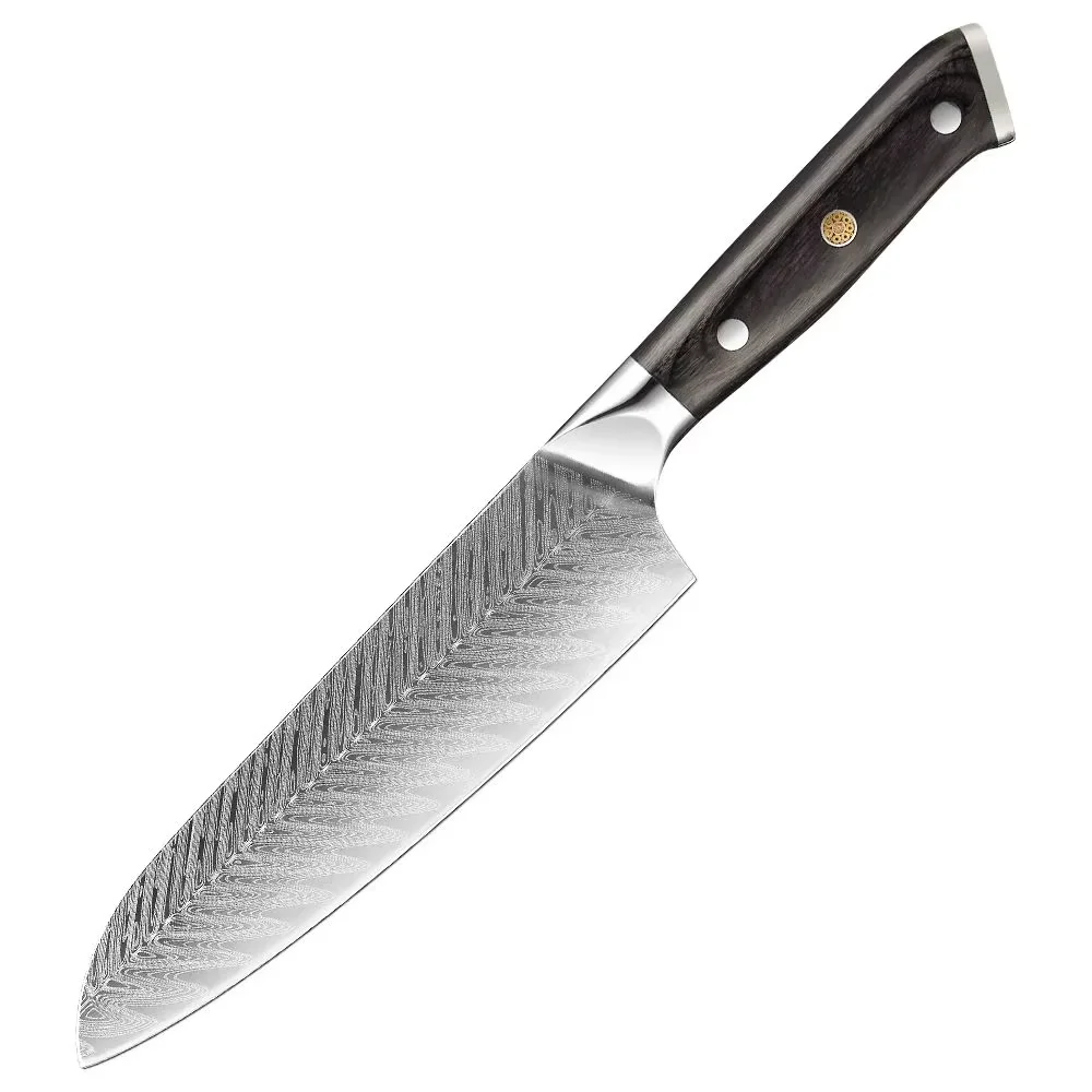 Japanisches 7-Zoll-Santoku-Messer, Scharfes Gemüsehackmesser, 5Cr15Mov Edelstahl mit Lasermuster, Full-Tang Küchenmesser