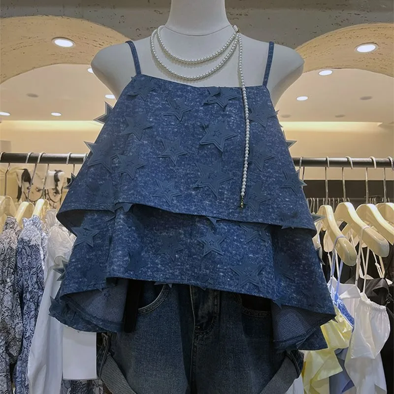 Denim Three-dimensional Embroidery Sweet Spicy Top Off-the-shoulder Vacation Style Niche Light Luxury Celebrity Suspender Shirt