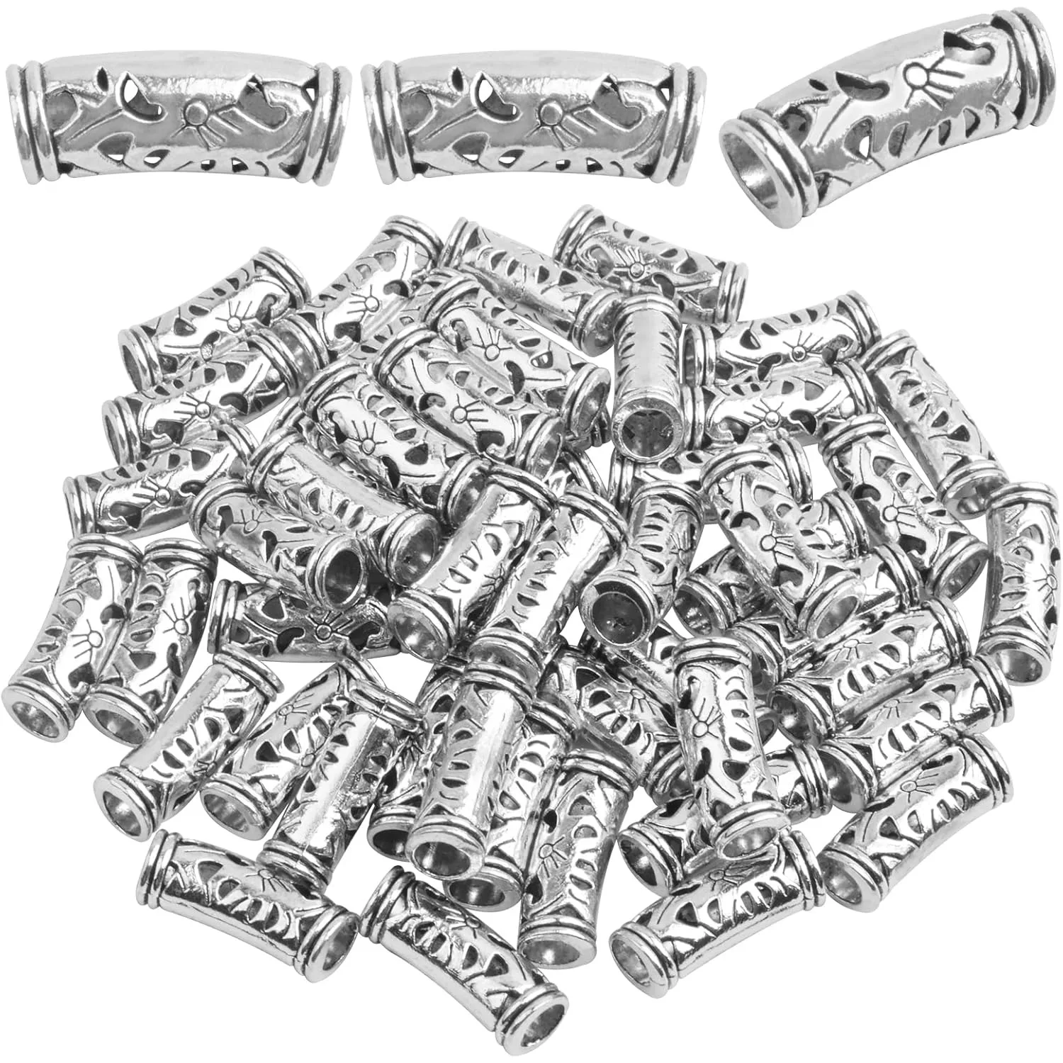 

50pcs Antique Silver Hollow Curved Tube Spacer Beads Tibetan Alloy Large Hole Long Tube Loose Beads Slide for Jewelry Making