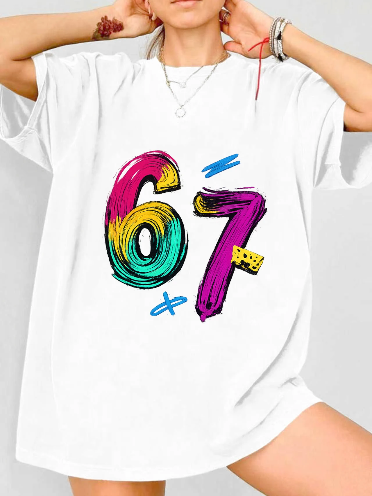 

【WDS03198】Женская футболка с креативным принтом в виде букв 6 и 7, с круглым вырезом, больших размеров, летняя, повседневная, с короткими рукавами, модная, универсальная.