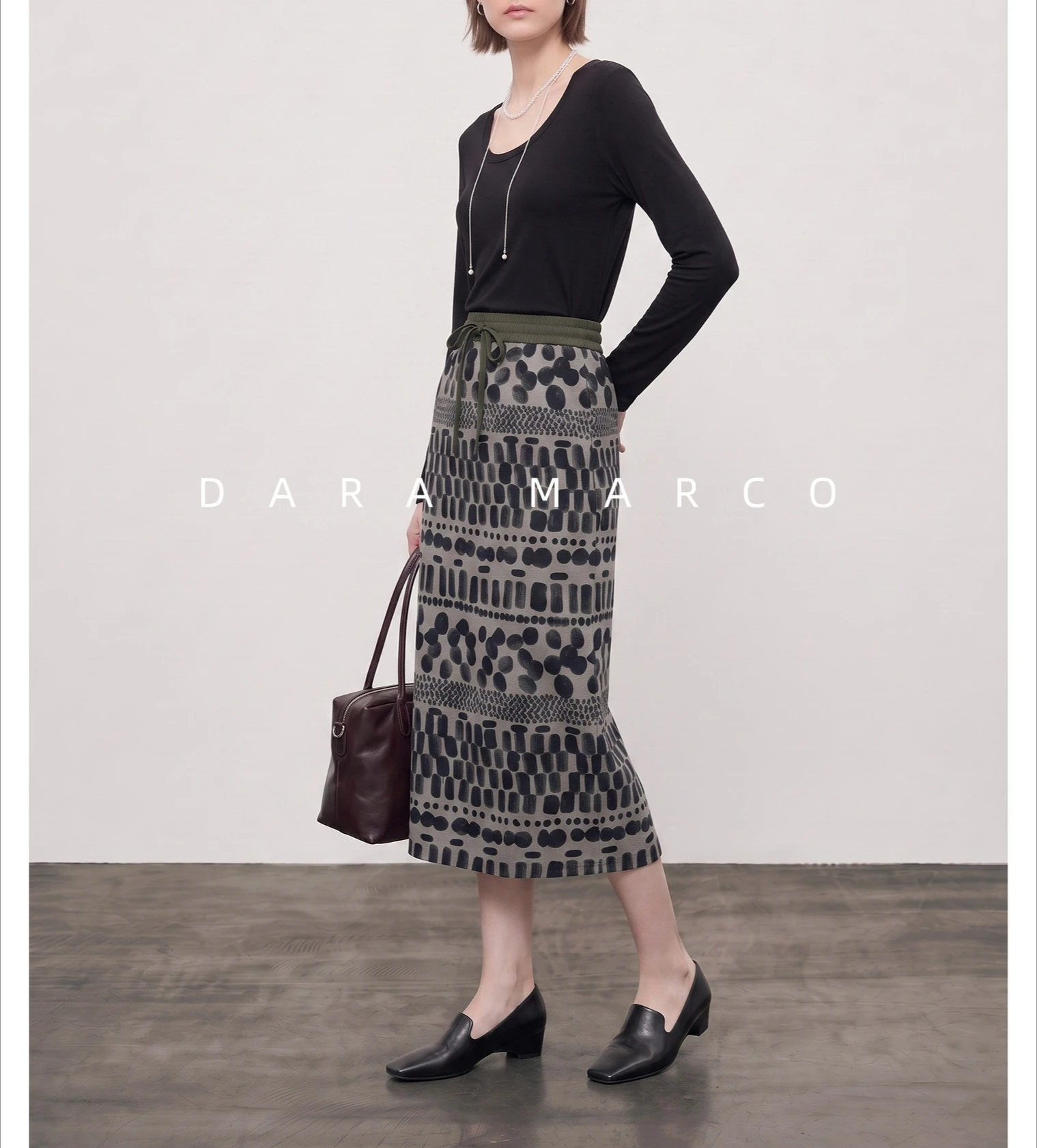 Women's Vintage Ink Wash Polka Dot Midi Skirt, Lyocell Linen Blend Elastic Waist, Loose Casual Chinese Style Long Skirt