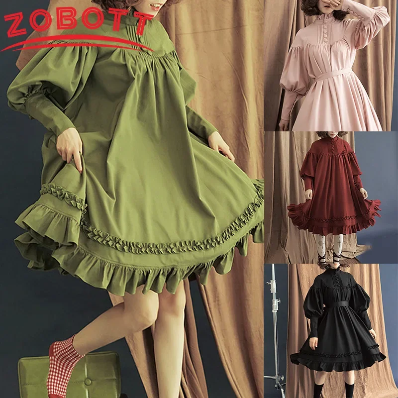 Japanese Gothic Vintage Lolita Party Dress Women Black Cotton Long Sleeve Soft Elegant Evening Princess Dresses Sweet