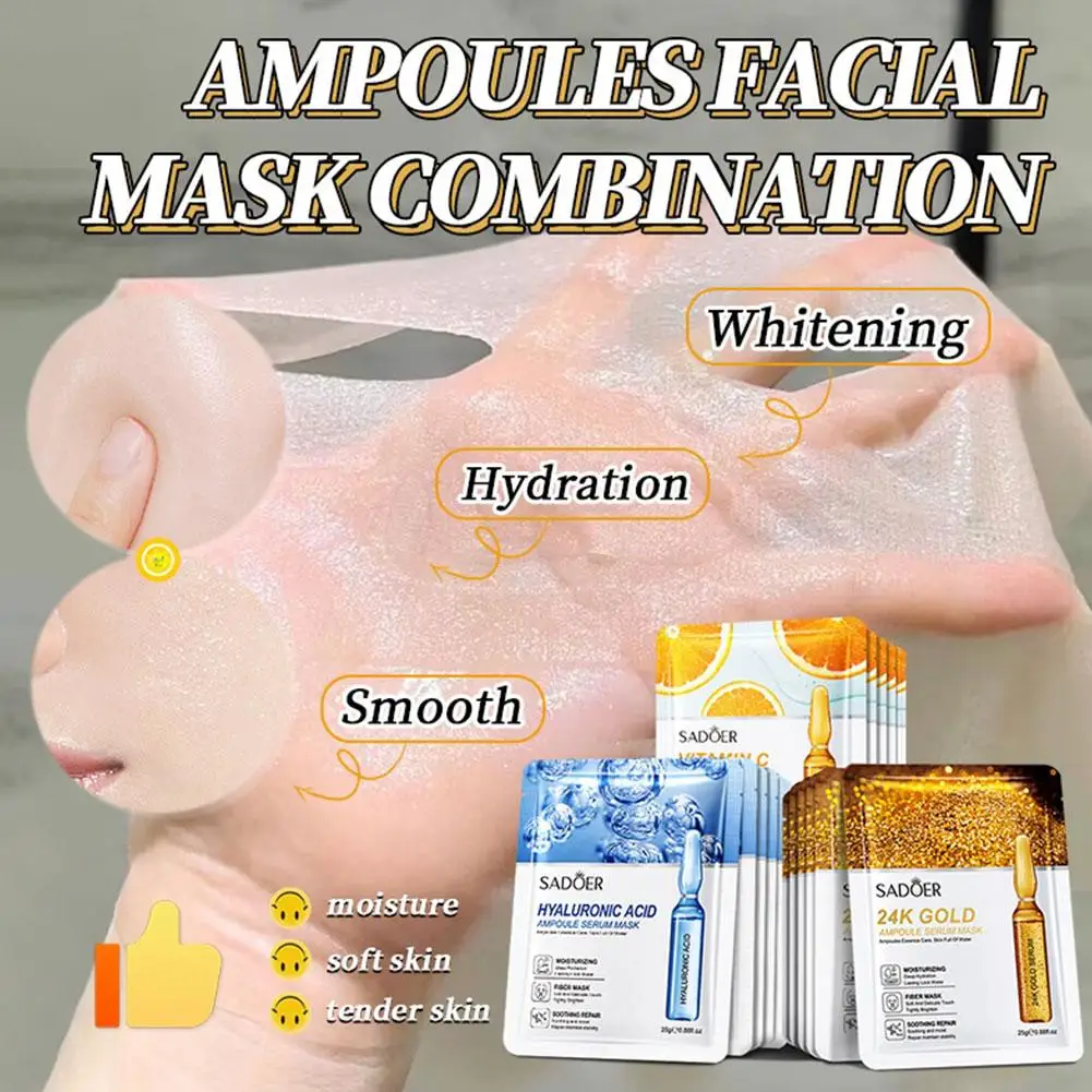 Mascarillas faciales de ácido hialurónico con vitamina C, oro de 24 quilates, hidratante, reafirmante, cuidado de la piel Facial E0F7