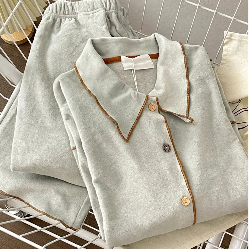 

Female Women's Sleeping Pajamas Sets Student Winter Long Sleeve Pants Warm Sleepwear Thick Style Lapel Home Clothes New Products