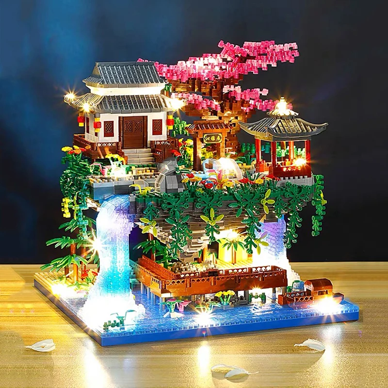 3320PCS Peach Blossom Waterfall Building Block Architecture Pavilion River Light DIY Model Micro Bricks Toy Friend Graduate Gift