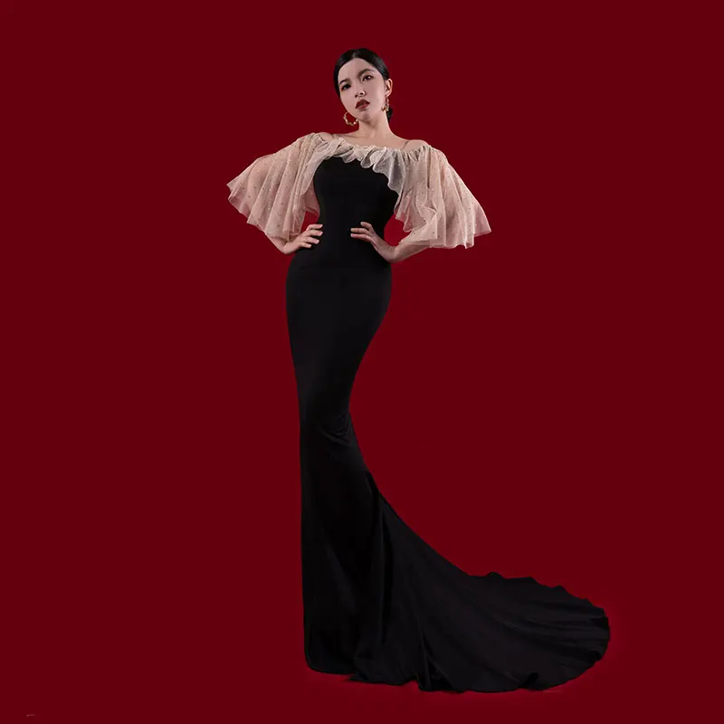 

vestidos de fiesta elegantes para mujer2024 Bai Sha custom evening Dress Black Prom Gown Mesh One shoulder mermaid H1040