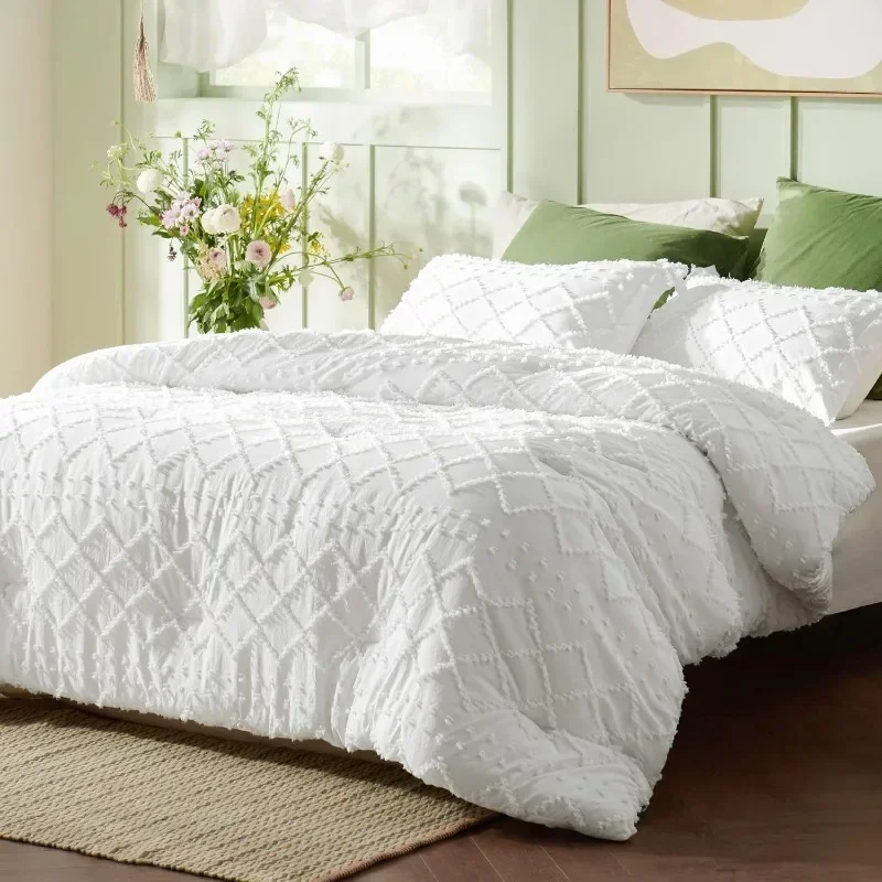 Queen Comforter Set - White Comforter, Boho Tufted Shabby Chic Bedding Comforter Set, 3 pack Vintage Farmhouse Bed Set