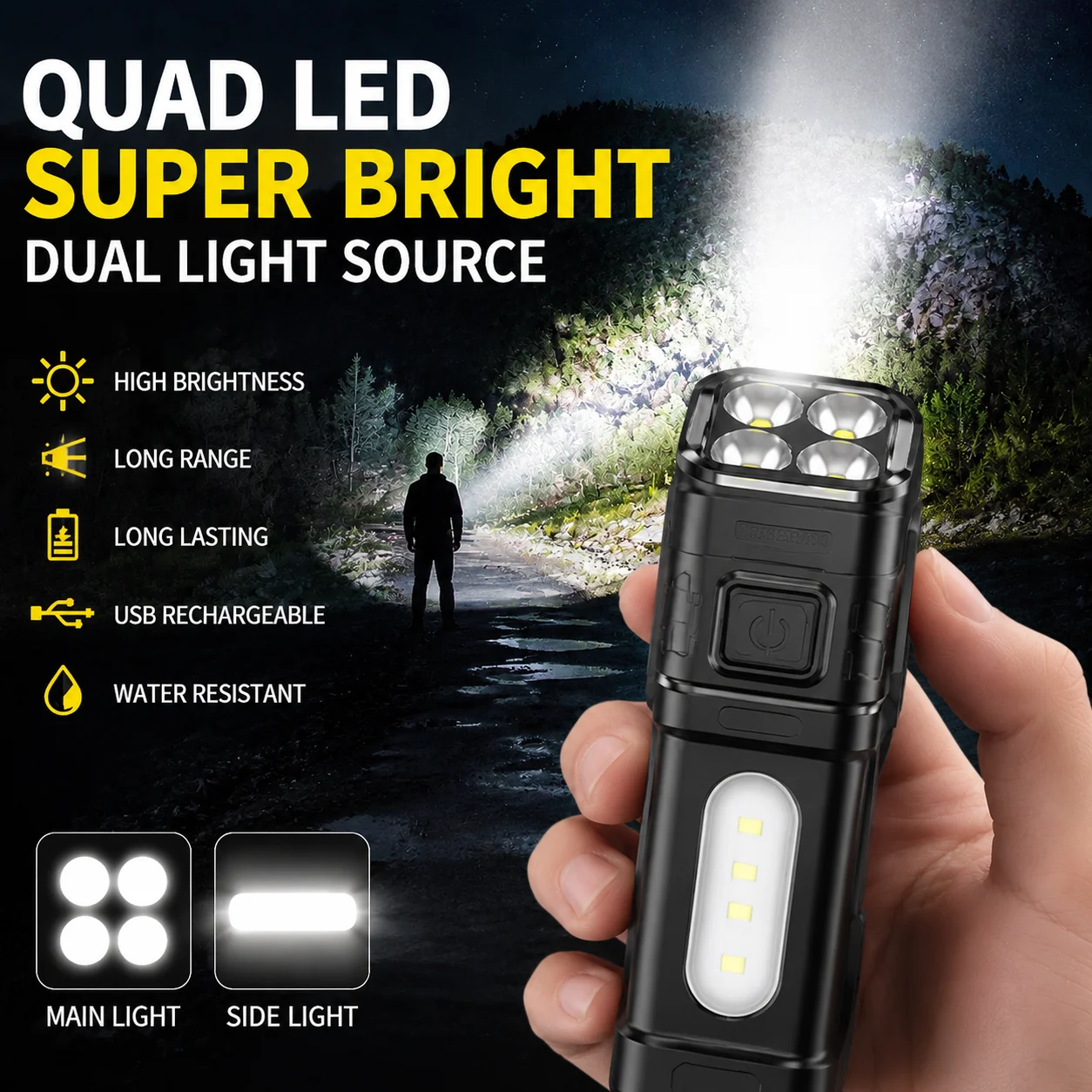 Super Bright LED Flashlight with Belt Clip COB Side 3 Modes Portable Work Light Rechargeable Torch for Hiking Cycling Camping
