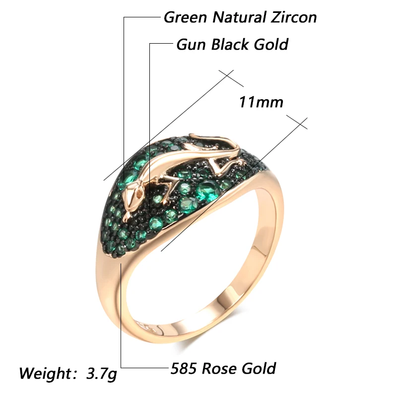 Kinel Hot Unique Green Natural Zircon Lizard Ring For Women 585 Rose Gold and Black Plating Vintage Animal Daily Punk Jewelry