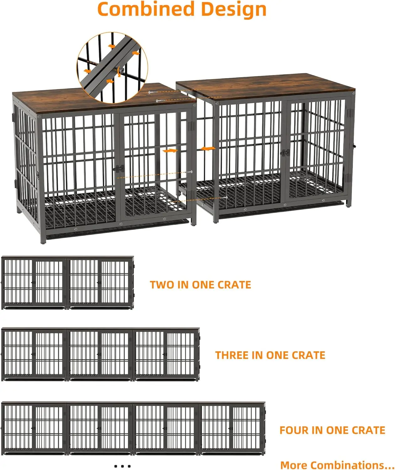 Heavy Duty Dog Crate Furniture: 62inch Pet Side Table Kennels House with Three Doors and Removable Tray Inside Puppy Wooden