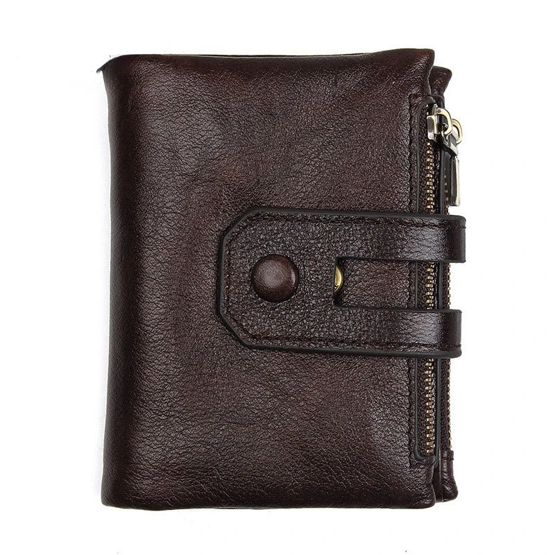 Cartera de cuero genuino con cremallera para hombre, RFID, antirrobo, cepillado, piel de vaca, múltiples tarjetas, bolso para cupones cortos