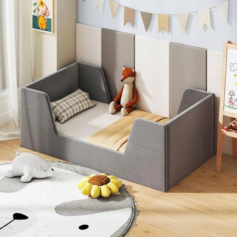 

Velvet Fabric Upholstered Toddler Bed with Safety Rails, No Mattress, Suitable for Kids - Gray Wooden Frame