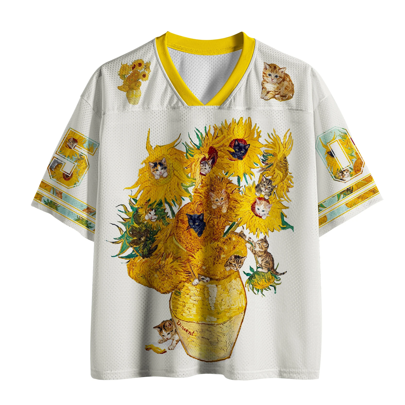 2026 Popular V-neck Mesh T-shirt with Fun Printed Short Sleeved T-shirt, Retro Streetwear, Loose Oversized Sports Mesh T-shirt